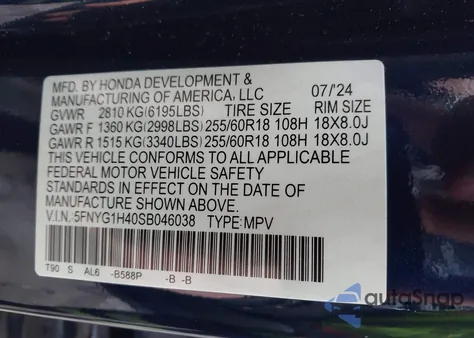 2025 Honda Pilot Ex-L z USA, uszkodzony, nr VIN 5FNYG1H40SB046038